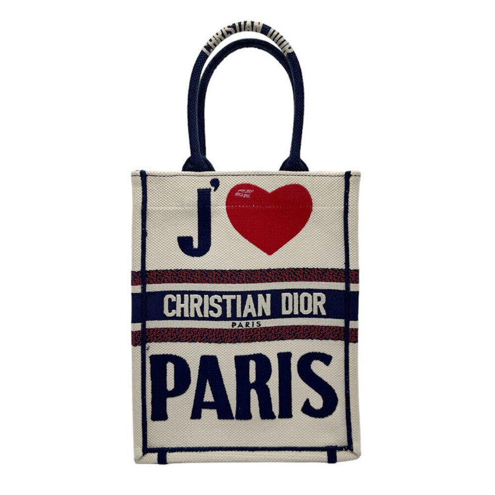 Christian Dior Handbag Book Tote Vertical Canvas Navy Blue Ivory White